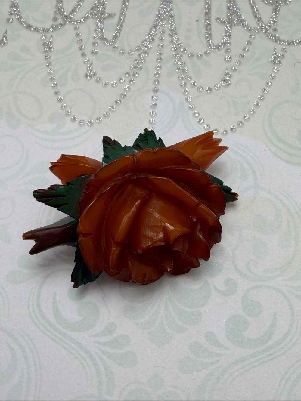 Vintage Bakelite Rose Brooch in Amber and Green #cz710
